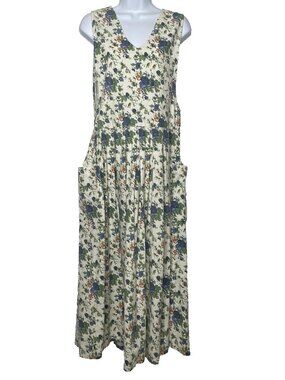 Vintage 80s KB Company Pleat Pinafore Midi Dress Size S Ivory Blue Floral Roses